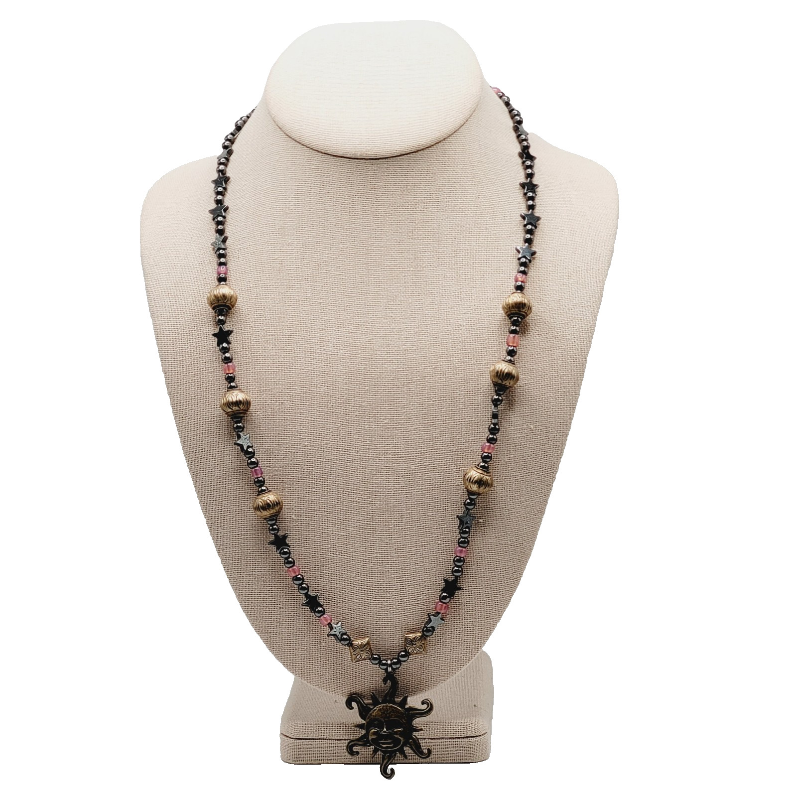 Celestial Sun Stars Black Hematine Bead Pendant Gold Tone Cone Ends Necklace