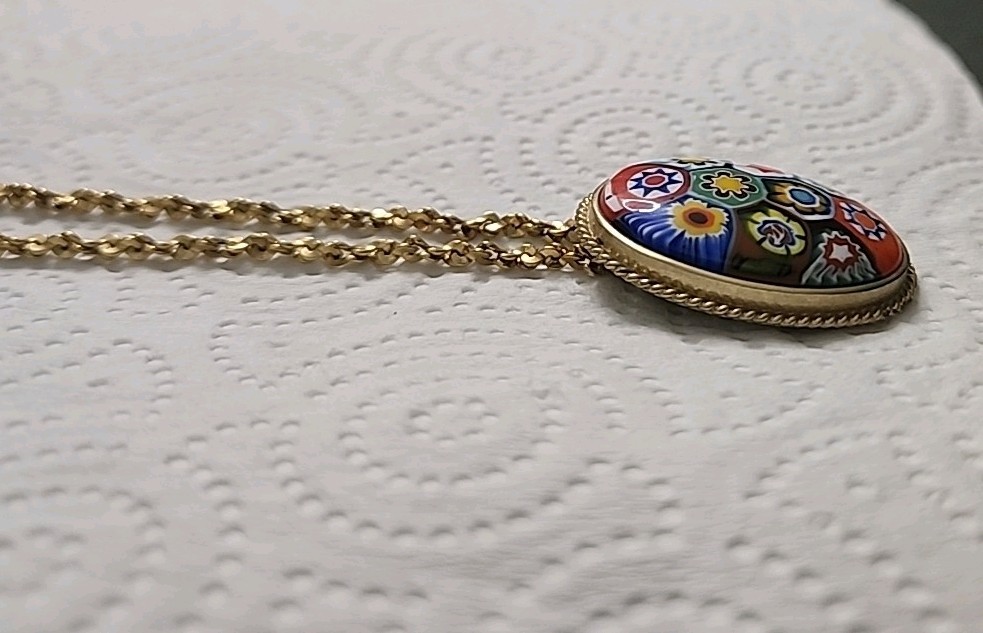 Signed LR Necklace with Millefiore Style Pendant Gold Tone With Chain