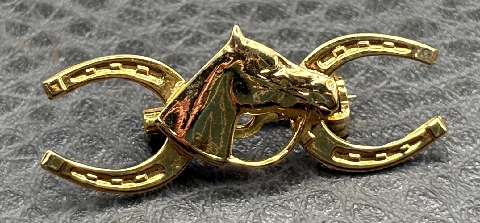 Vintage Equestrian Gold Tone Double Horseshoe Luck Horse Head Pin Brooch