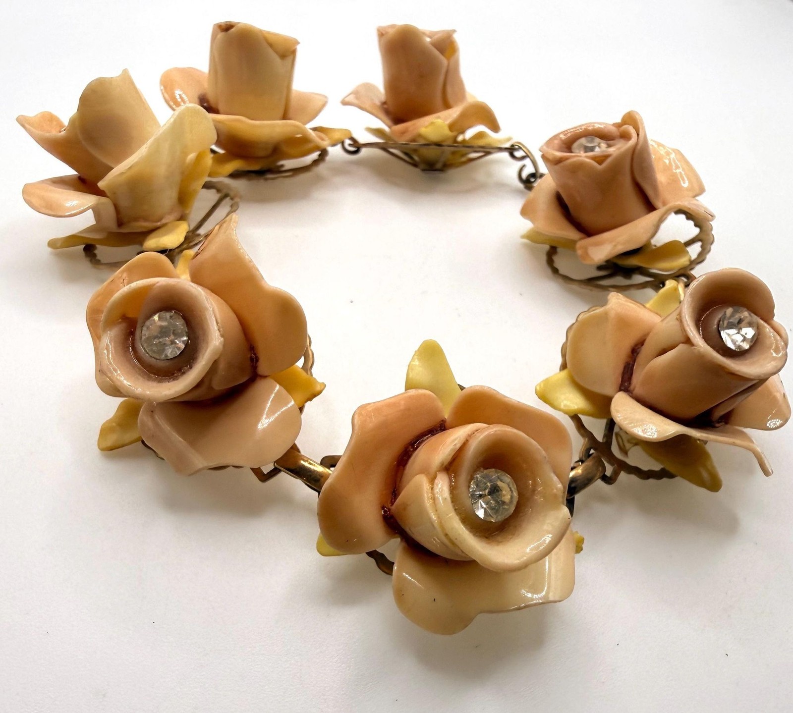 Vintage muted pink celluloid rose rhinestone bracelet