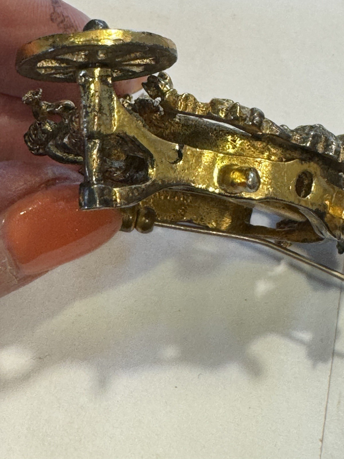 RARE Sterling Gold Wash TAYLOR Dimensional Carriage & Watch Brooch NEEDS REPAIR
