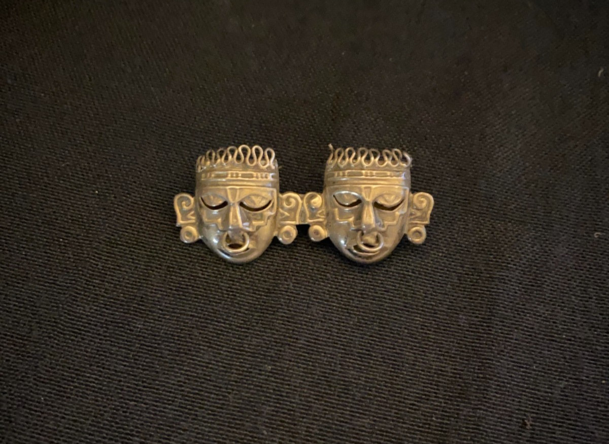 Aztec Face Tribal Mask Brooch Pin, Mexico Warrior Brooch, Vintage 1940s Mexican