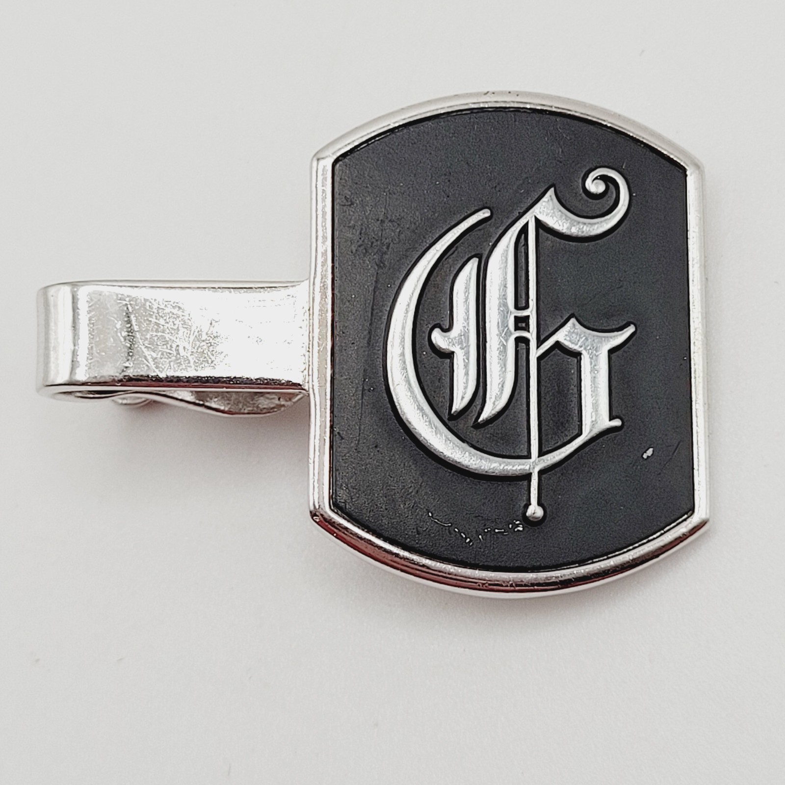 G Letter Old English Script Silver Tone Black Enamel SWANK Tie Clip Clasp