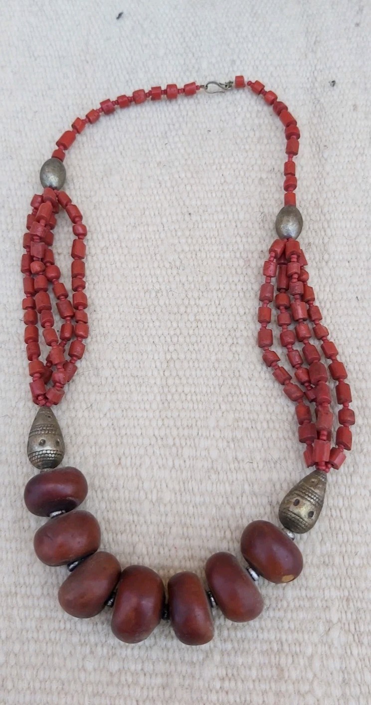 Vintage Tribal Coral Glass & Resin Copal Necklace Ethnic Metal Beads Boho Statem
