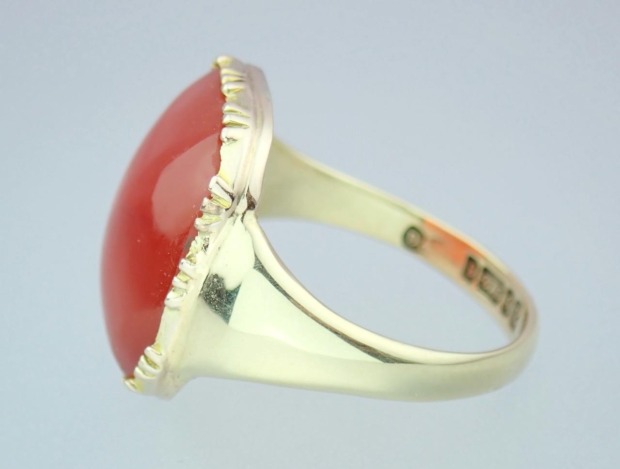 Glowing Antique Victorian DEAKIN & FRANCIS 9K Gold Carnelian Sugarloaf Ring Sz 7