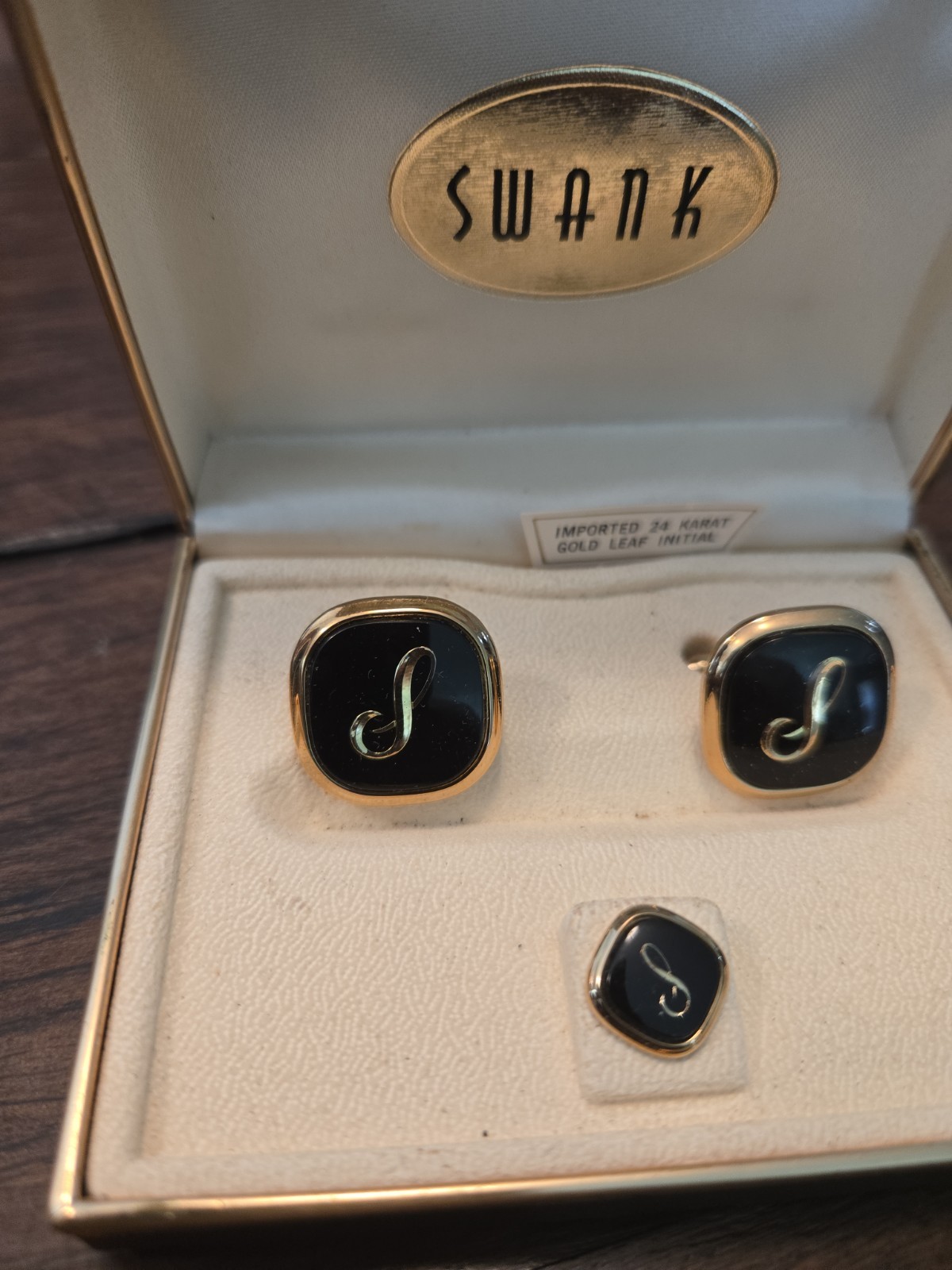 Swank Tie Clip and Cuff Links Set Gold with Black Vintage
