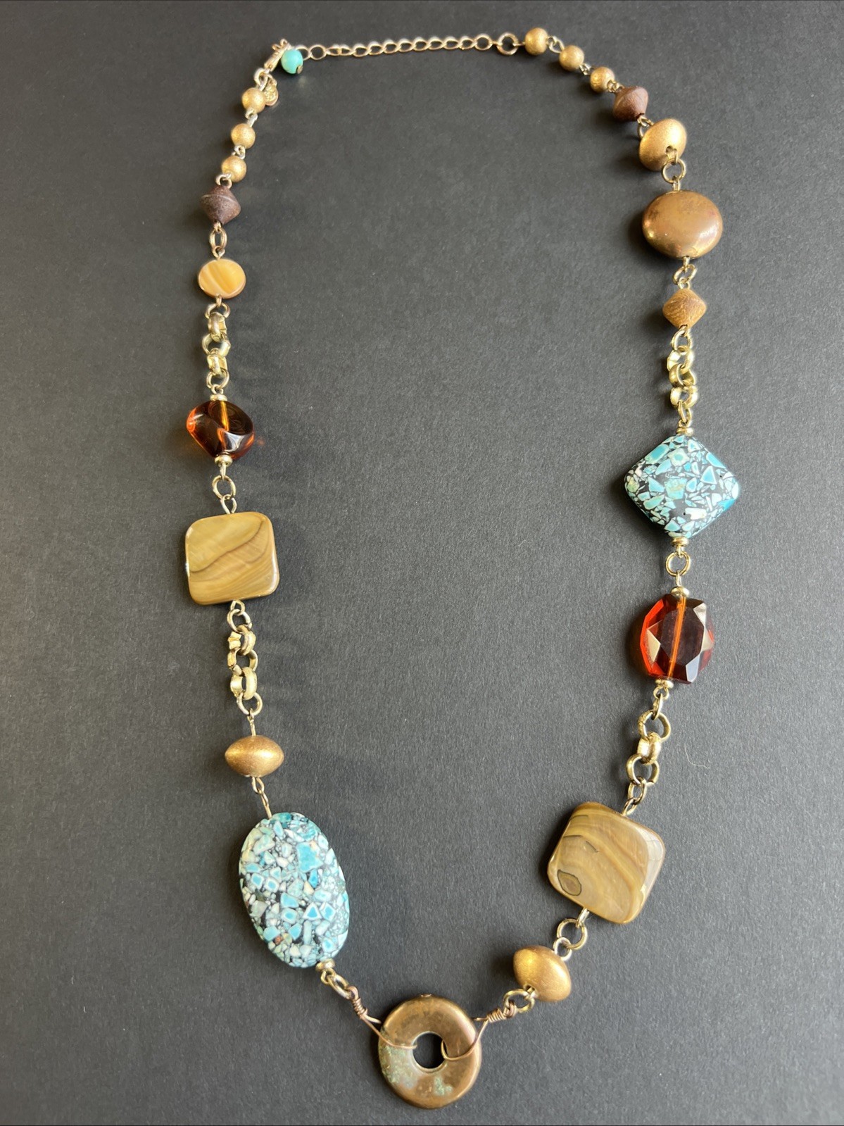 Vintage Turquoise Chip Inlay Beads Amber Mother of Pearl Abalone Bronze Necklace
