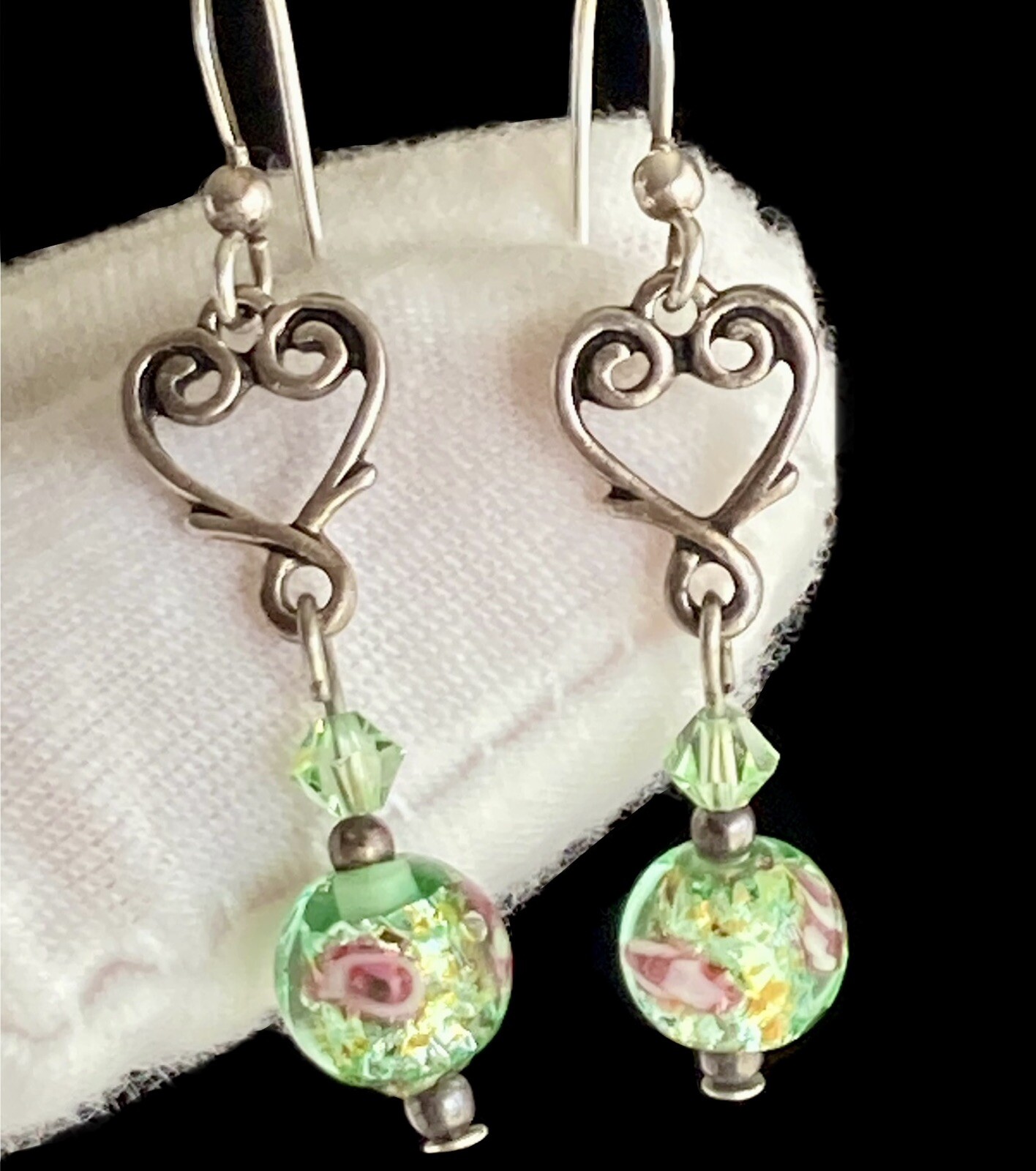 Sterling Silver Heart Round Glass Bead Earrings Dangle Drop Green Pink 1.75inch
