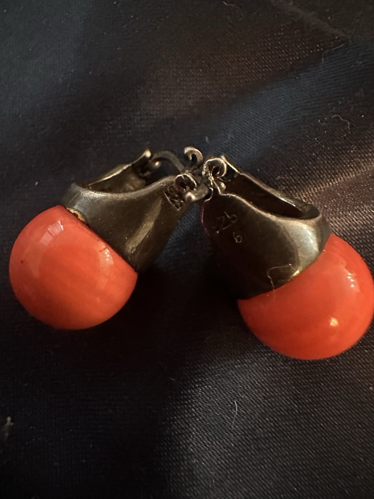 ART DECO STERLING SALMON CORAL BEAD MARCASITE HUGGIE LEVERBACK EARRINGS