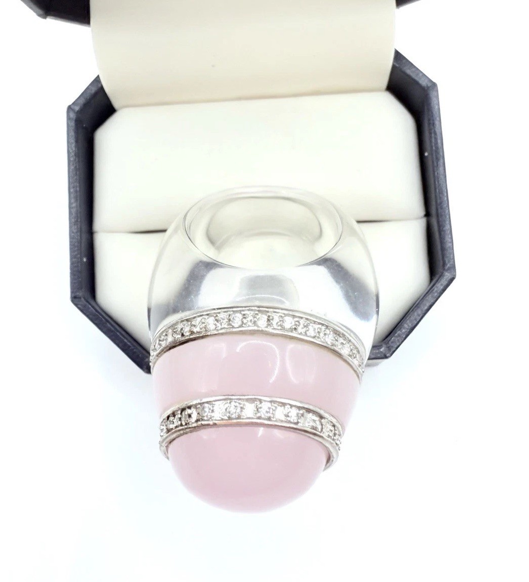 Enormous Rose Quartz White Sapphire Glass Statement Ring Sz 8 Vintage Jewelry