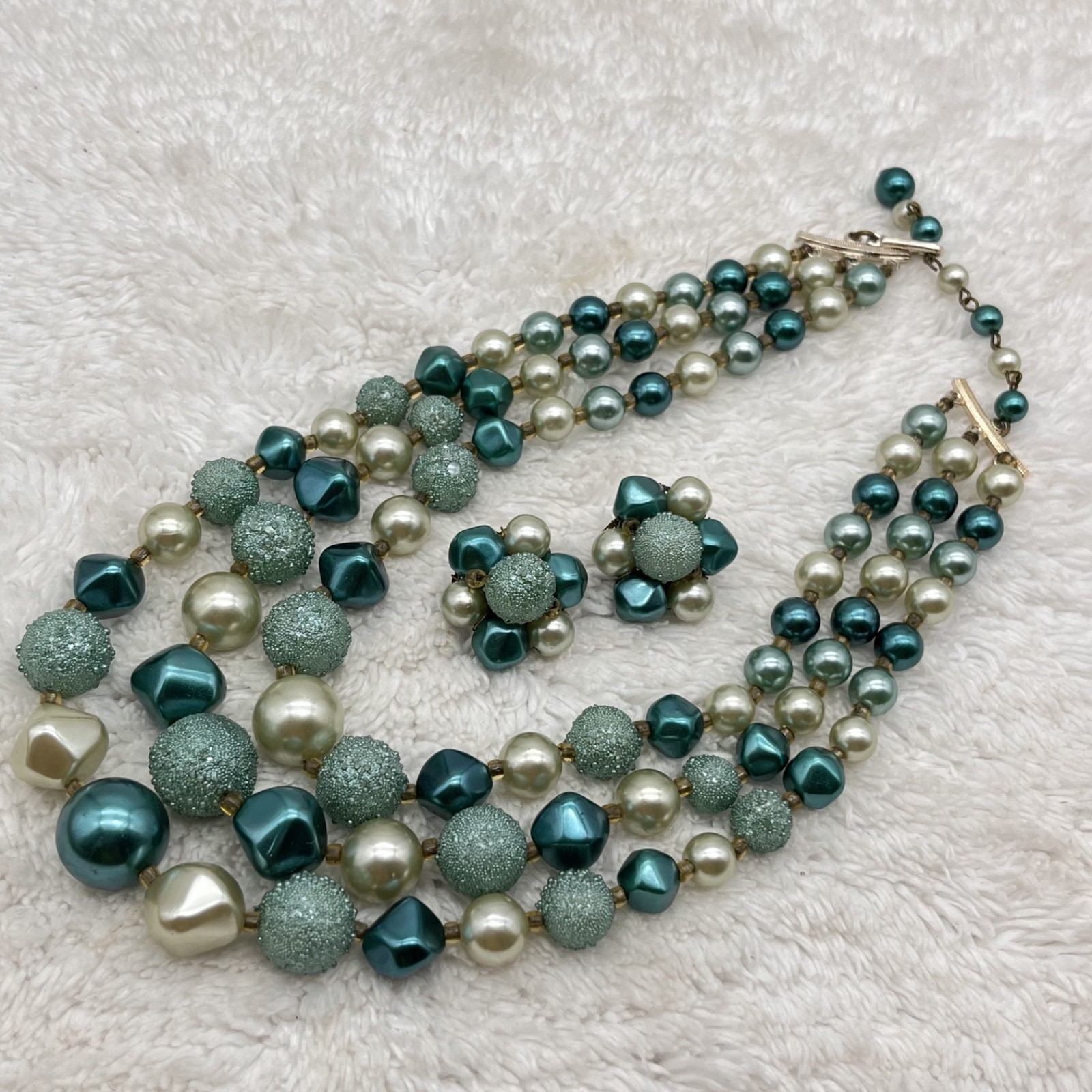 Vintage Green Plastic Jewelry Set Green Beads Triple Strand Necklace Earrings