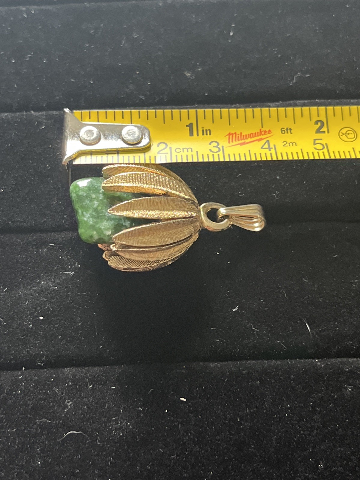 1950s Faux Green Jade Stone & Gold Toned Pendant