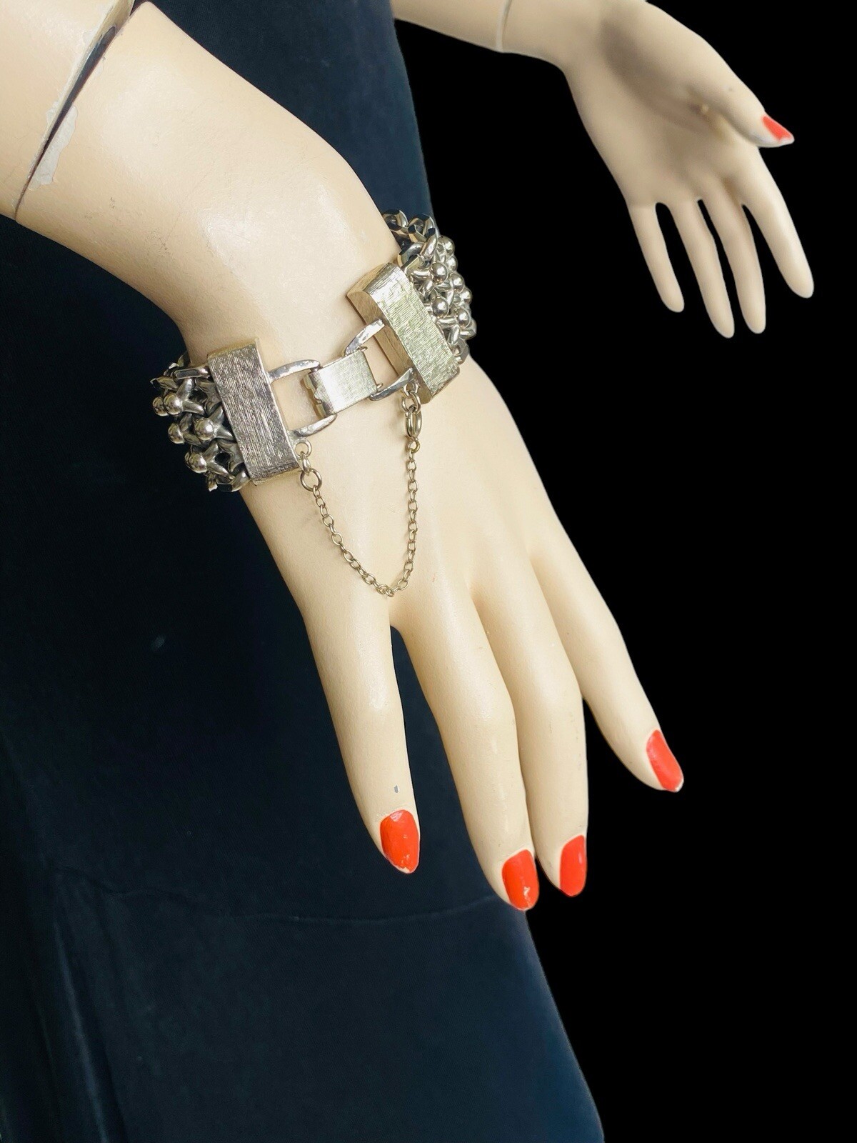 Vintage Cathé Cathe Chunky Silver Tone Heavy Brutalist Ball & Chain Bracelet