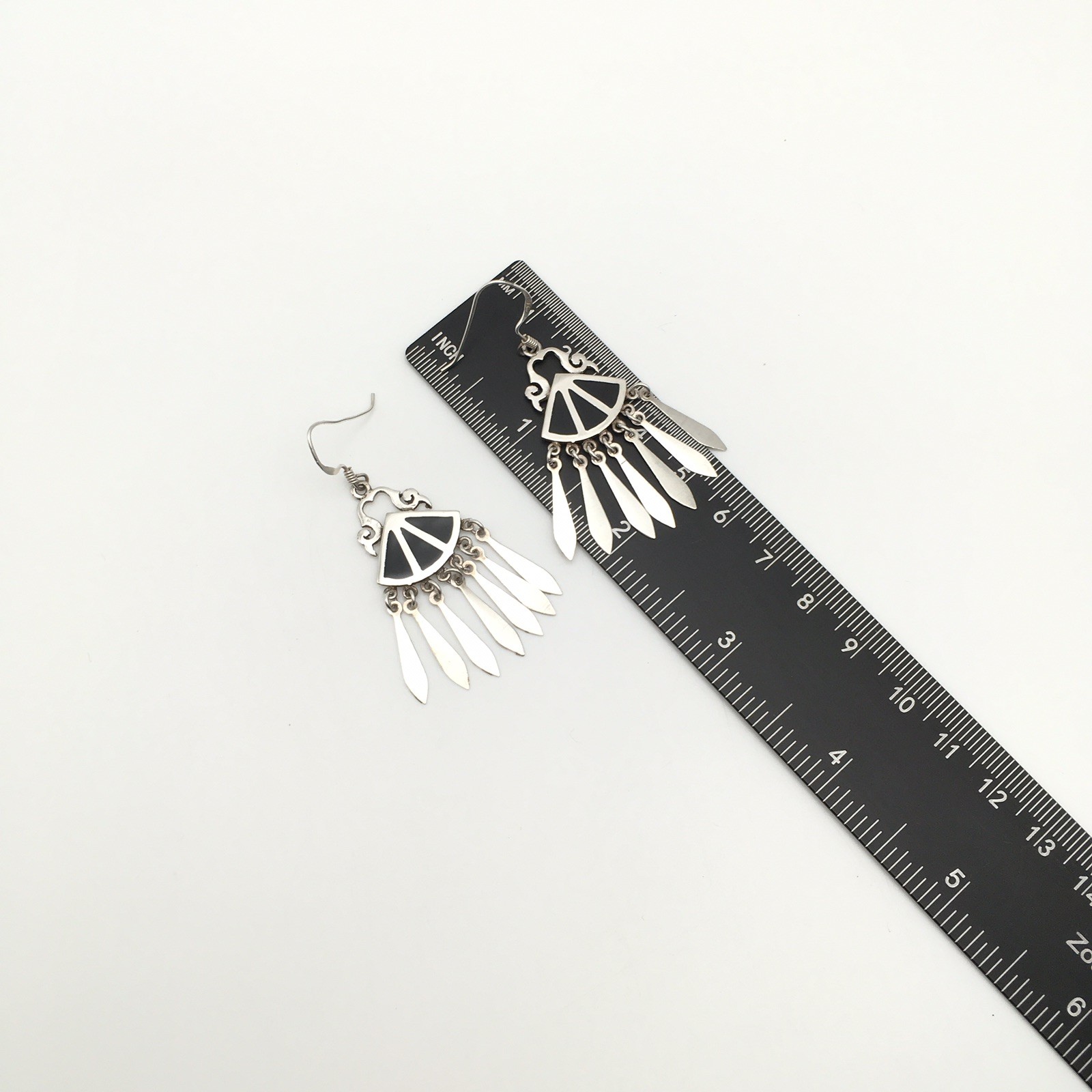 Vtg Sterling Silver Southwestern Black Inlay Dangle Earrings Marked 925 6.7g #41