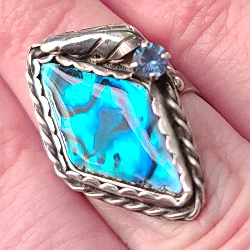 Vintage Paua Shell & Sterling Silver Ring Size 7 Leaf & Blue Rhinestone Accents