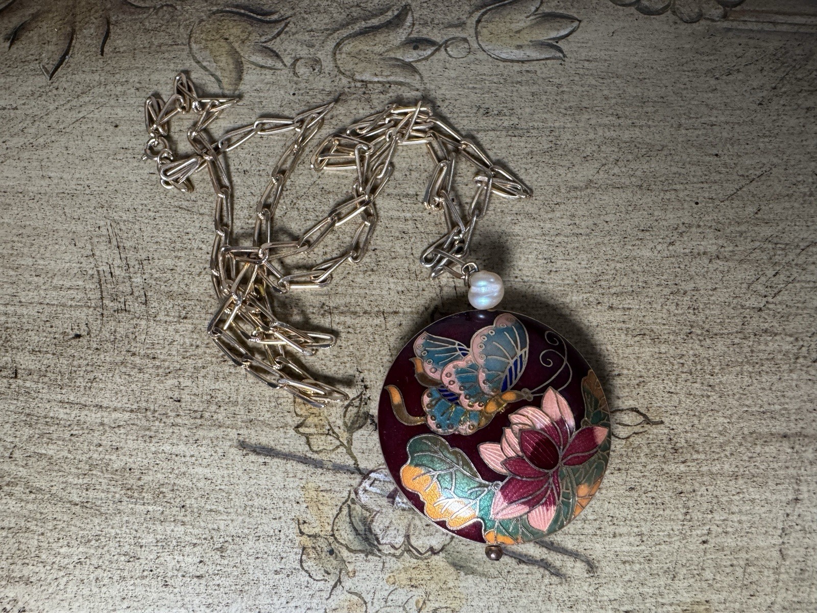 Vintage Cloisonné Butterfly Lotus Pendant Necklace 30” Red Enamel 44g