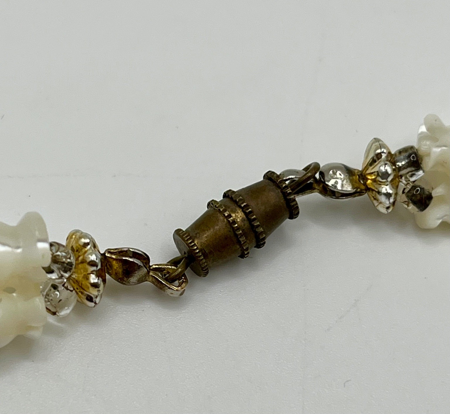 Vintage Ivory Glass and Green Stone Beaded Necklace with Gold Tone Accents 18in