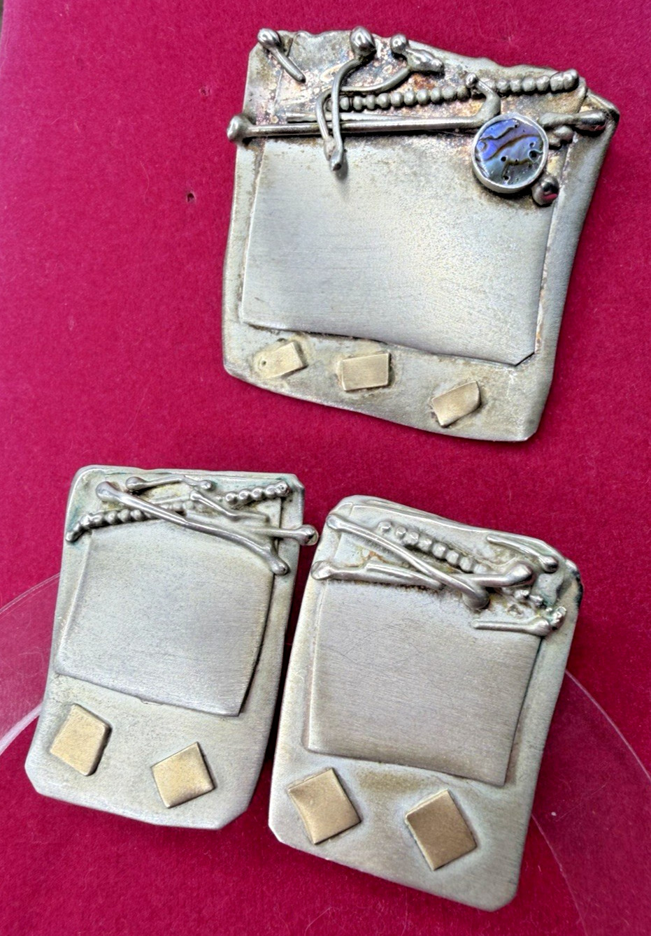 Artisan Studio Mixed Metal Brooch & Earring Set – Sterling Silver, 14K Modernist