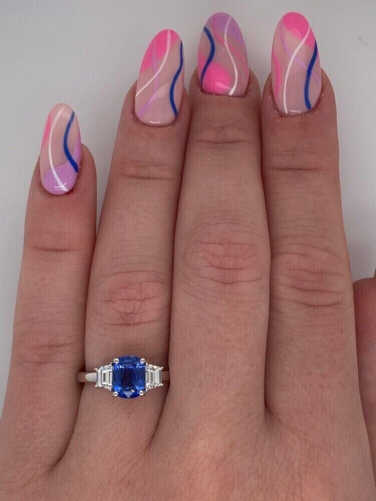 Cushion Cut Sapphire & Lab Created Diamond Three-Stone Wedding 925 Silver Ring