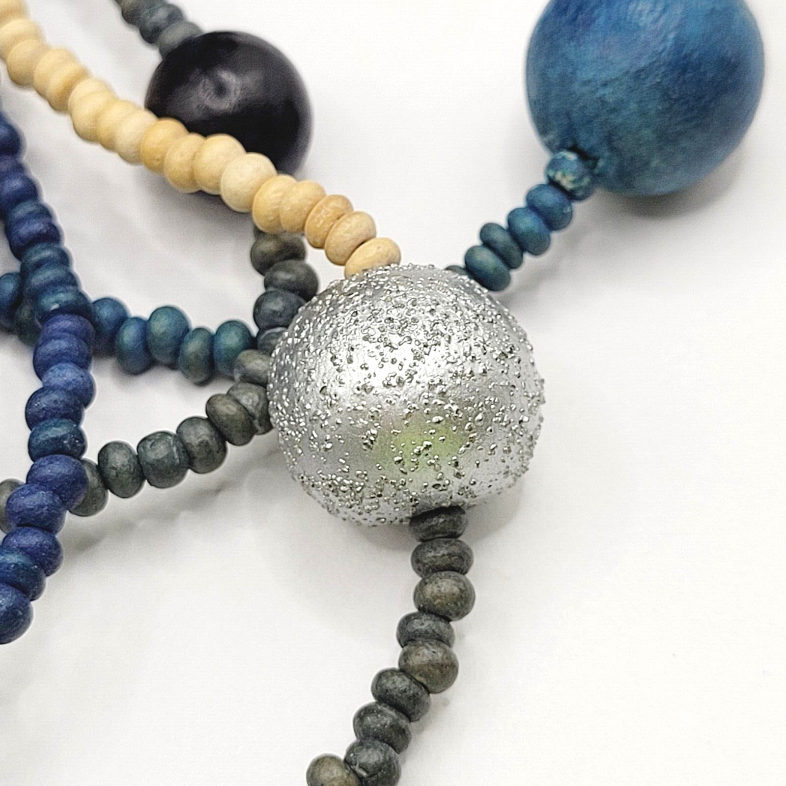 Peacock Blues Silver Tone Multi Strand Unique Bead Styles Vintage Necklace 24 In