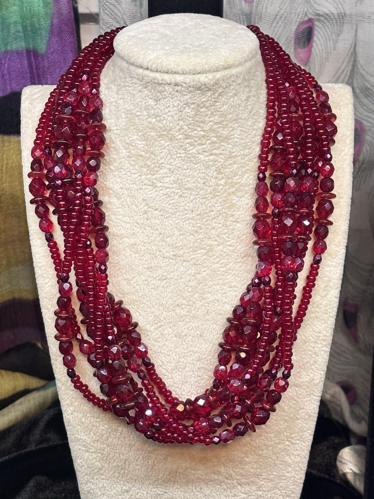 Vintage Lovely Ruby Red Crystal Glass Beads 8 Strand Necklace Adj 16-18 “