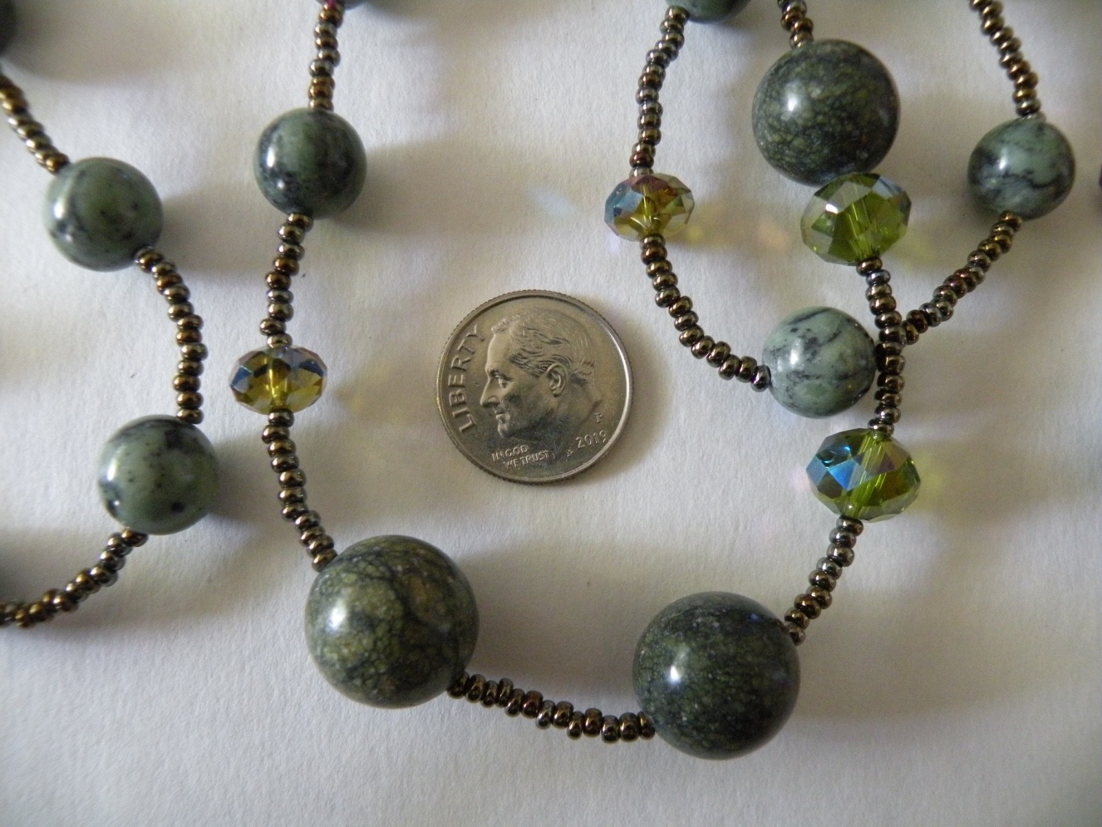 Marbled Green Nephrite Jade? Polished Gemstones Faceted AB Crystal Necklace 42″