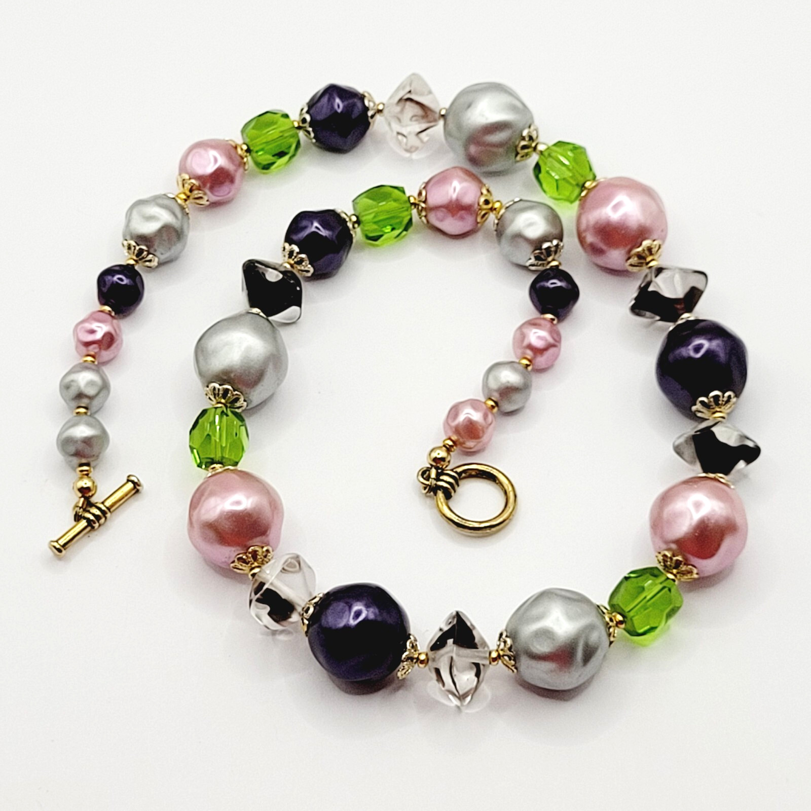 Colorful Glass & Faux Pearl Style Multi Color Shape Bead Vintage Necklace 21 In