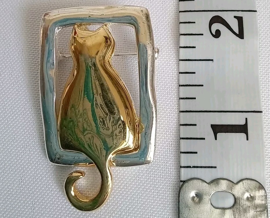 Cat In Window Pin Brooch Gold Tone Cat Pewter Window Approximately 2”