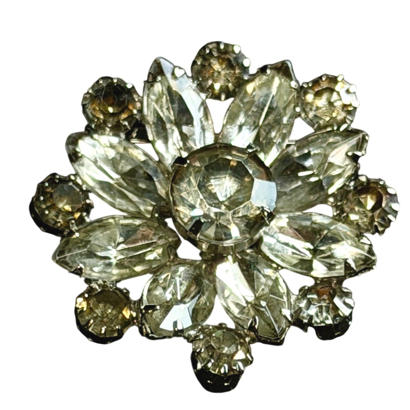 Vintage Austrian Glass Floral Brooch: Clear Topaz Stones, 1.5″ Statement Jewelry