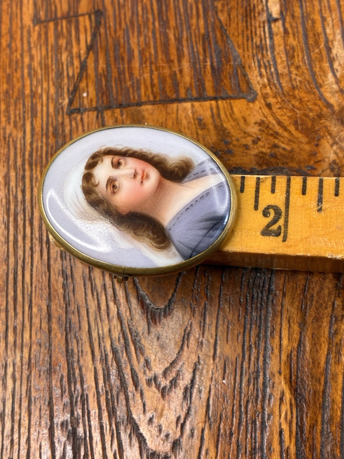 Antique Hand Painted Portrait Brooch w/ C Clasp Gold Tone porcelain Back stamped
