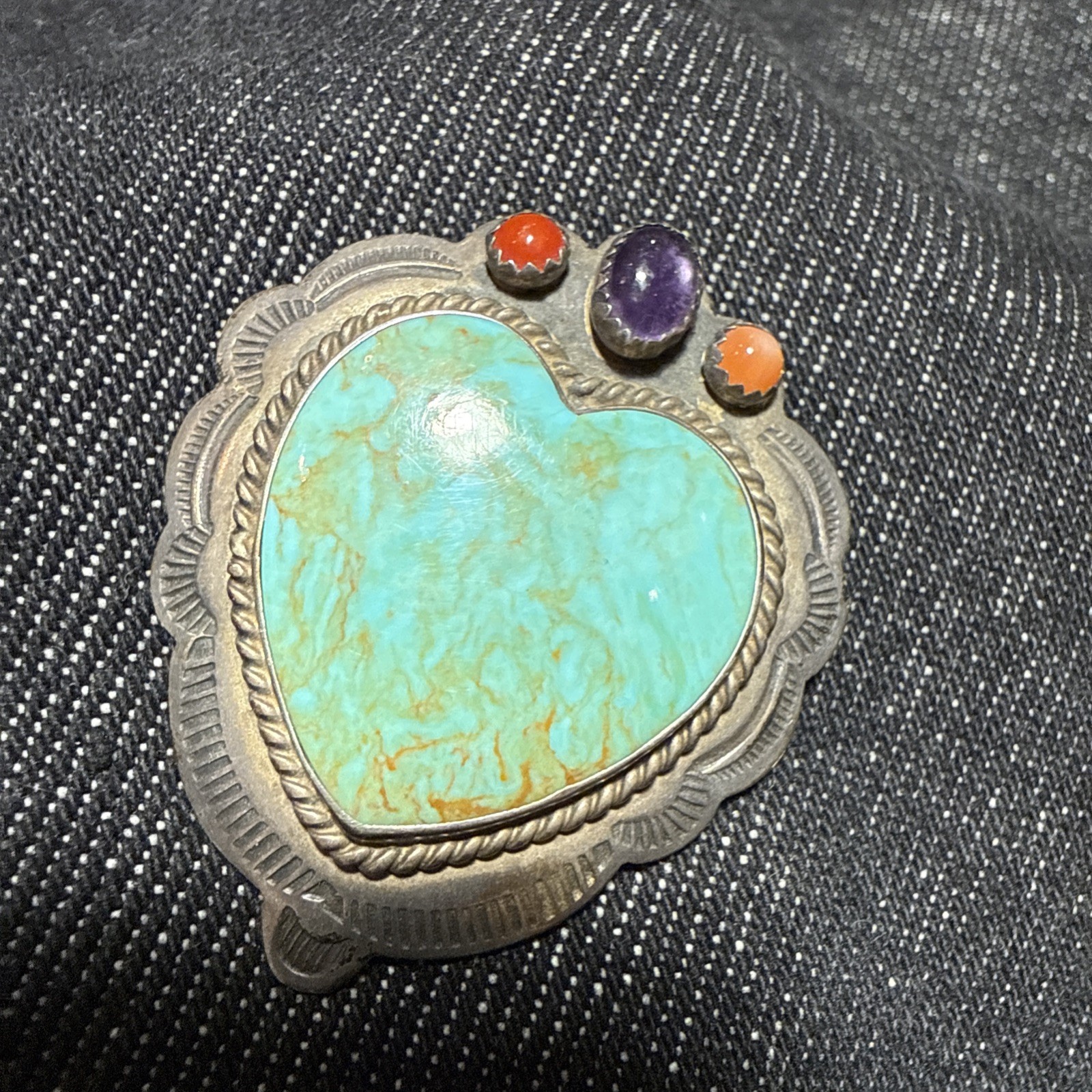 CM Gems Sterling Silver Turquoise Heart Removable Bail Pendant Brooch Spiny