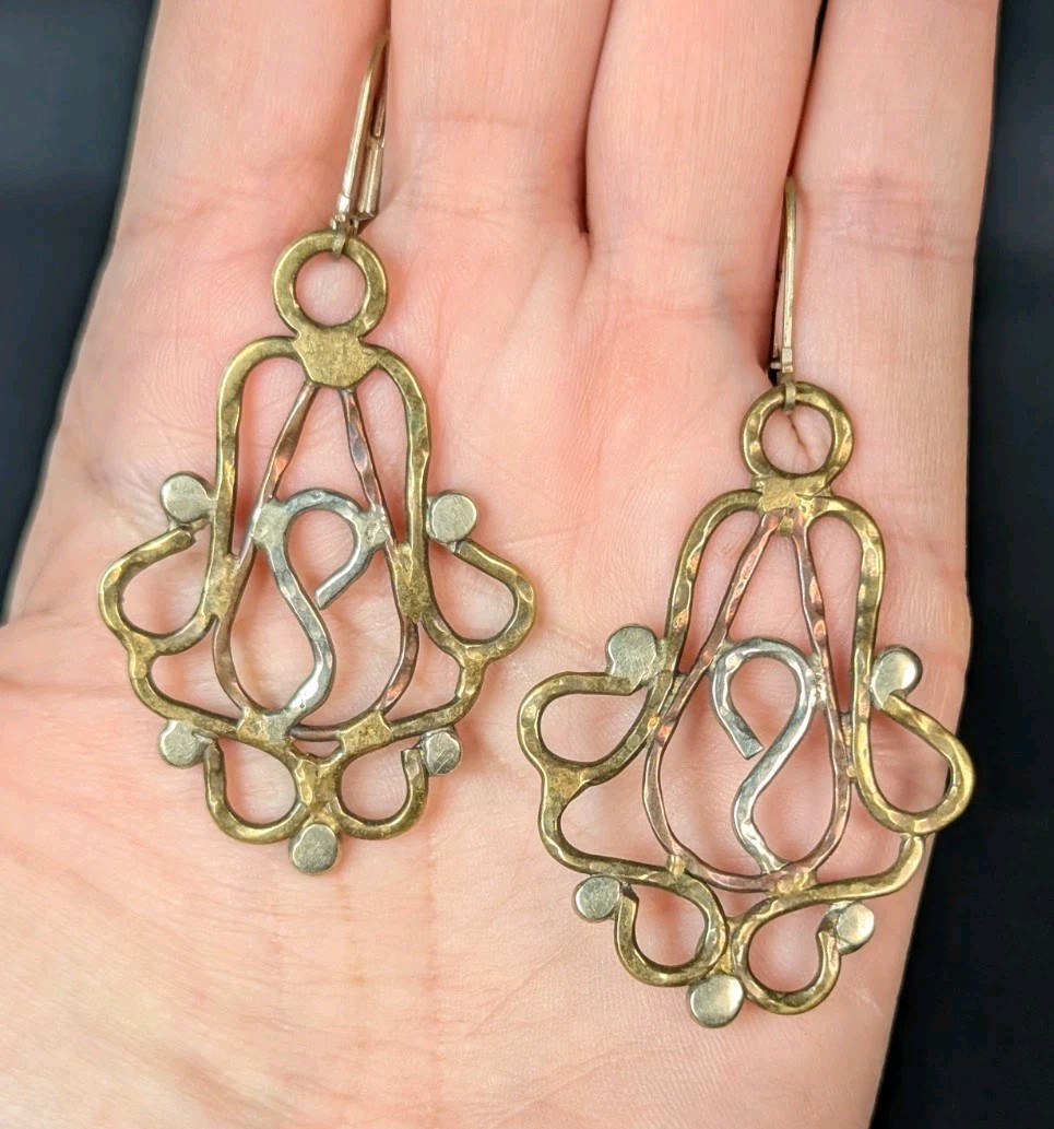 Vintage Artisan Mixed Metal Hammered Copper Brass Open Work Dangle Earrings