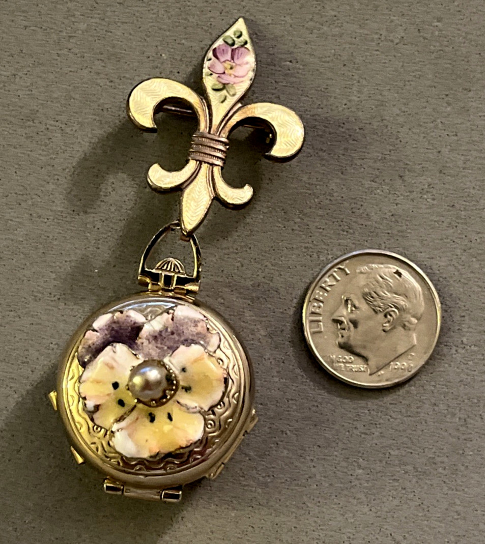 Vintage CORO Pegasus Fleu de Lis Enamel Pansy 4 Way Photo Pin Brooch Locket