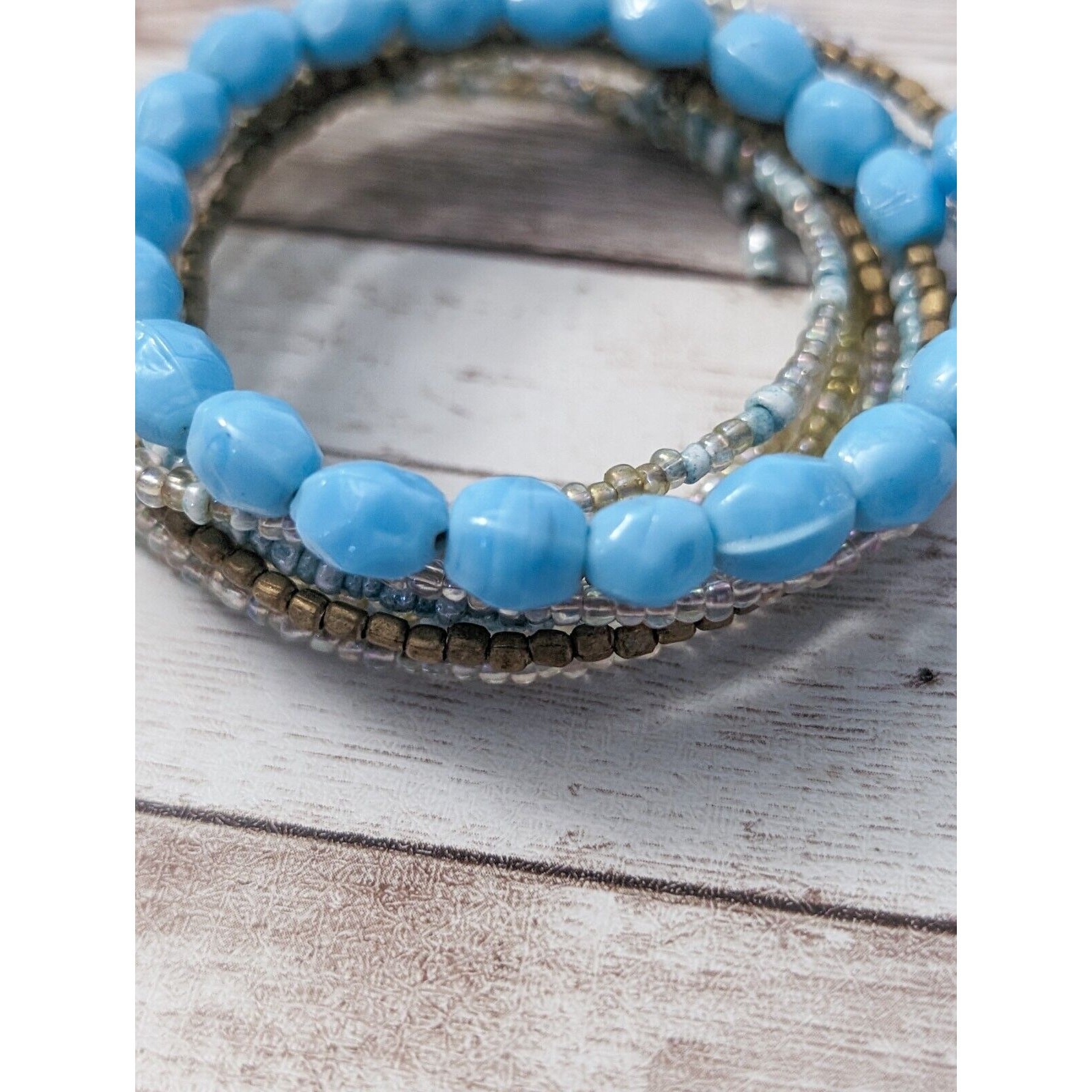 Vintage Wrap Bracelet / Bangle – Beaded Light Blue & Bronze Tones