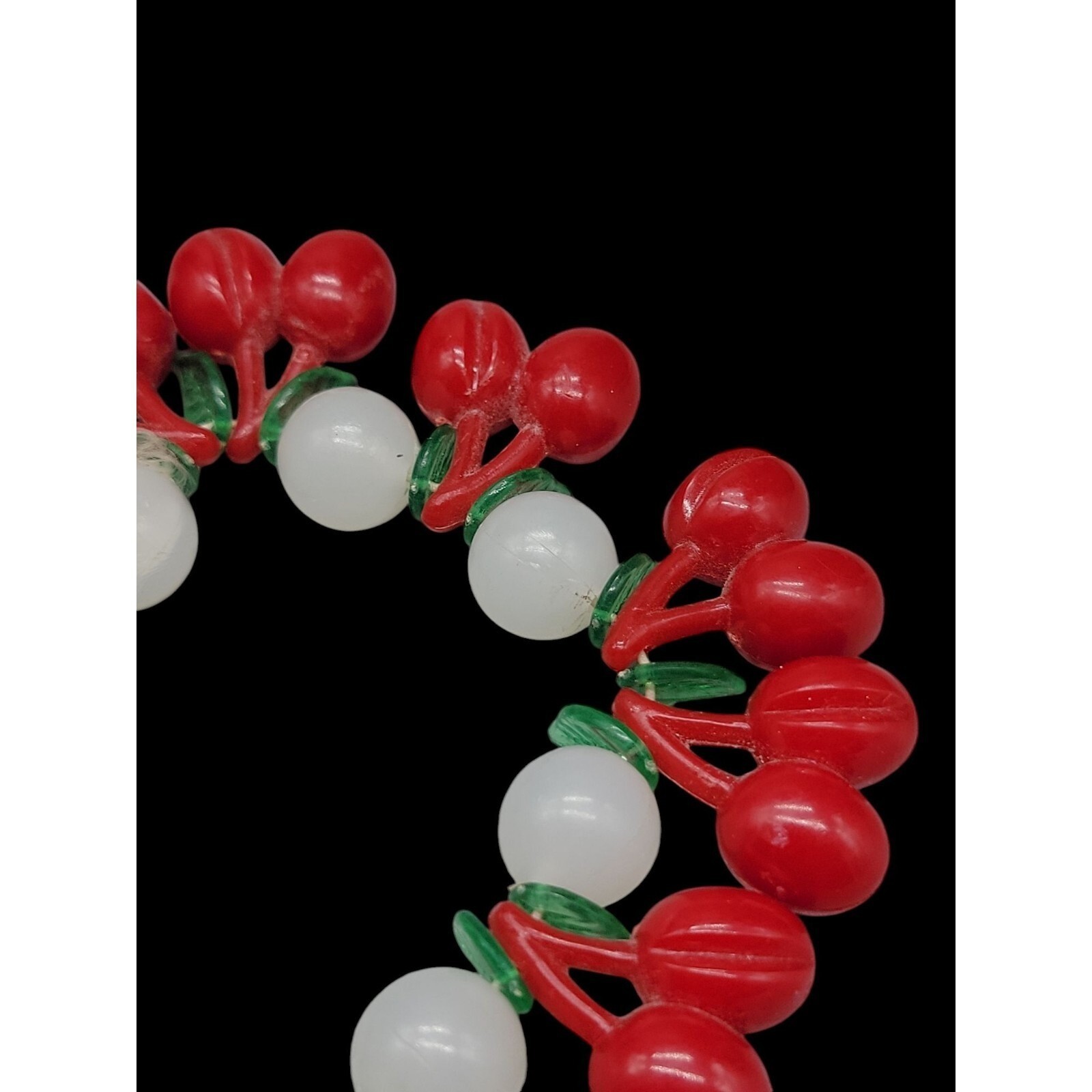 Lucite Cherry 34″ Necklace & 7″ Stretch Bracelet Red Cherries Translucent Beads