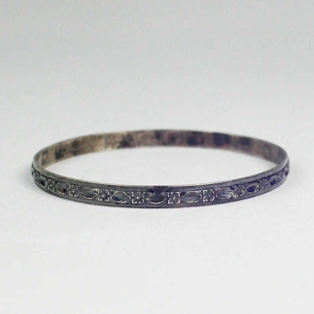 Vintage Sterling Silver 5.3 mm Floral Geometric Bangle Bracelet 7.75” 8.33 g