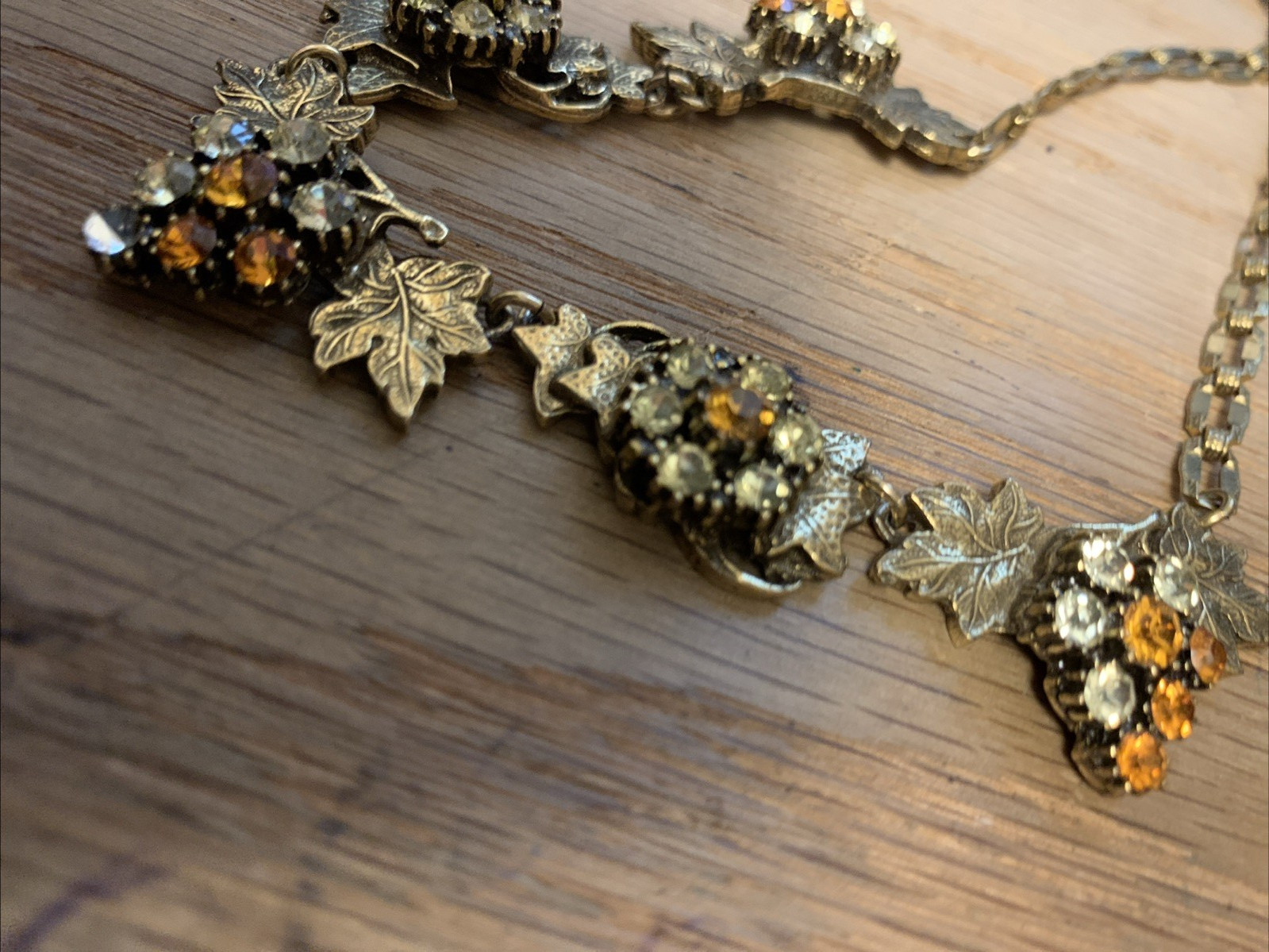 Vintage Unsigned Rhinestone Grape Cluster & Leaves Necklace