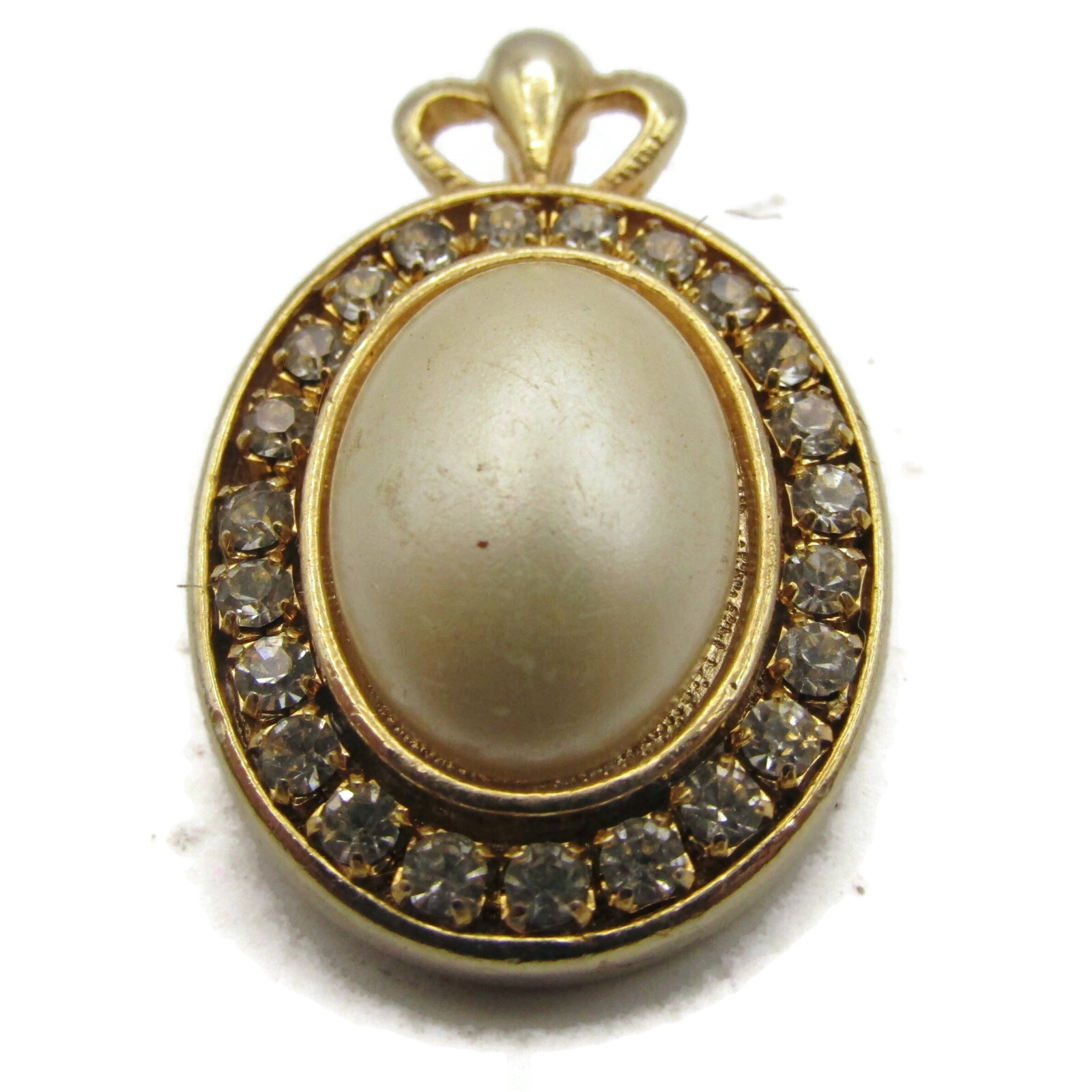 Vintage Crown Bail Pendant Oval Faux Pearl Rhinestone Halo Gold Tone Costume