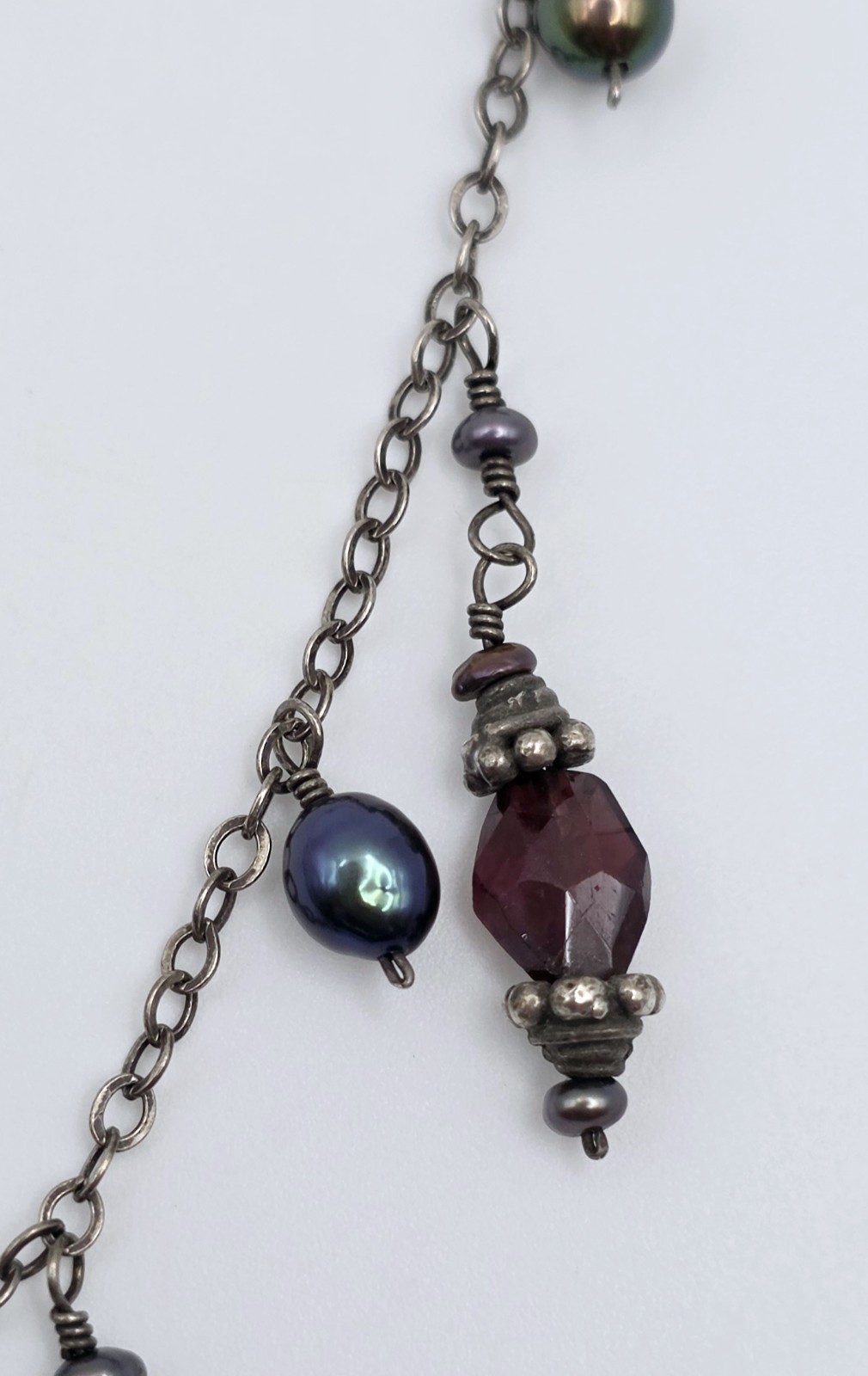 Vintage 925 Sterling Silver Garnet Pearl Festoon Dangle Necklace 15″ Choker
