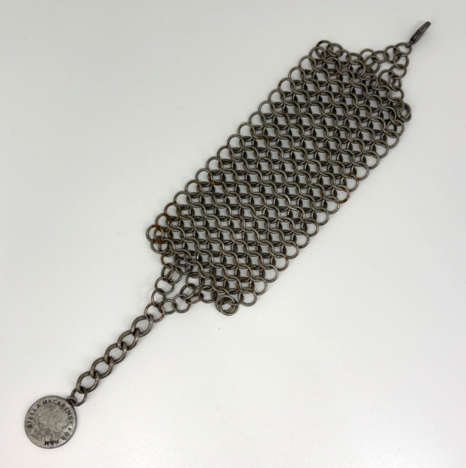Vintage STELLA MCCARTNEY Silver Mesh Metal Wire Wide BRACELET w/ Charm
