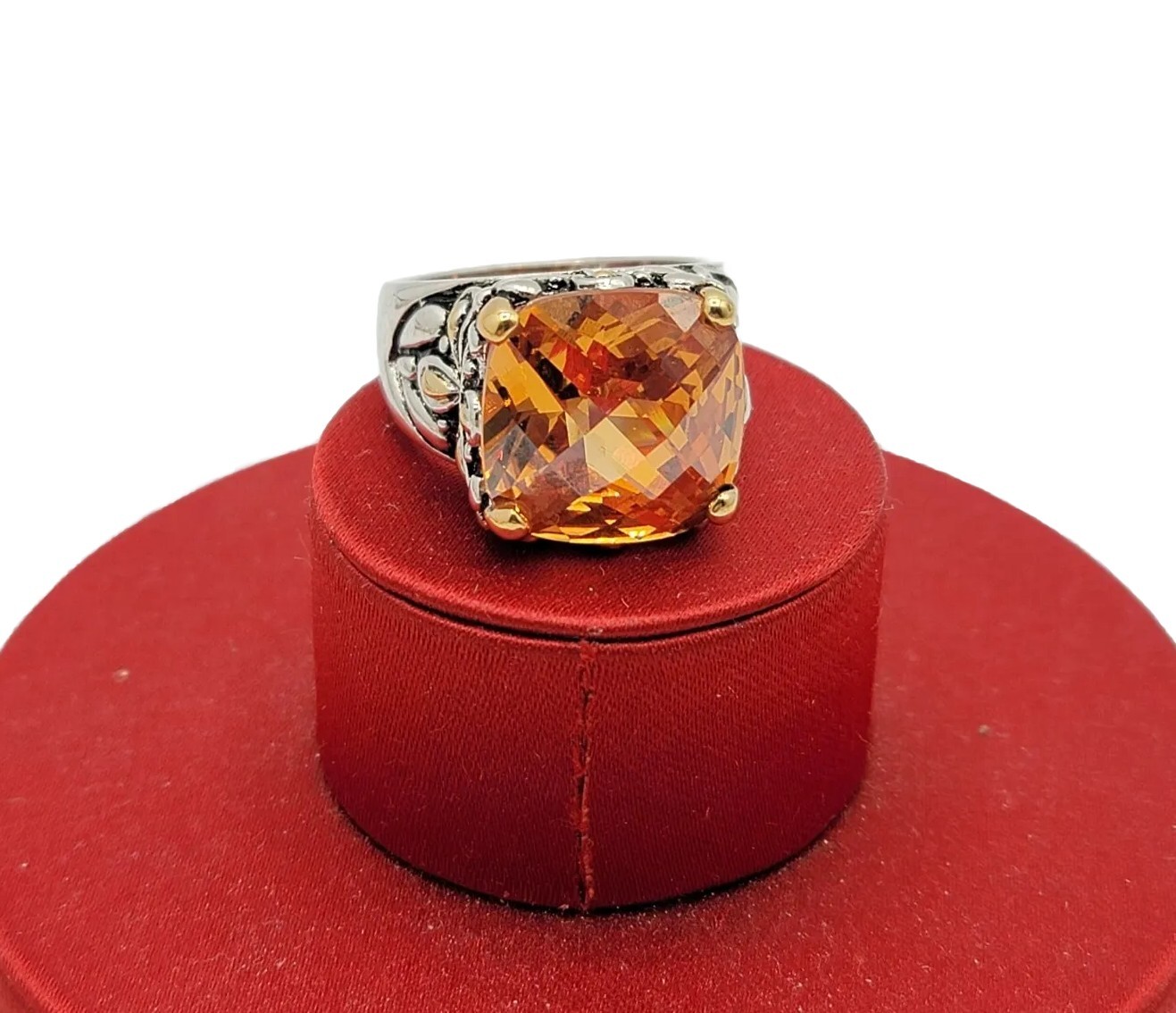 Vtg Sz 8 Ring Lg Citrine Topaz Cubic Zirconia Renaissance Flower Theme Jewelry