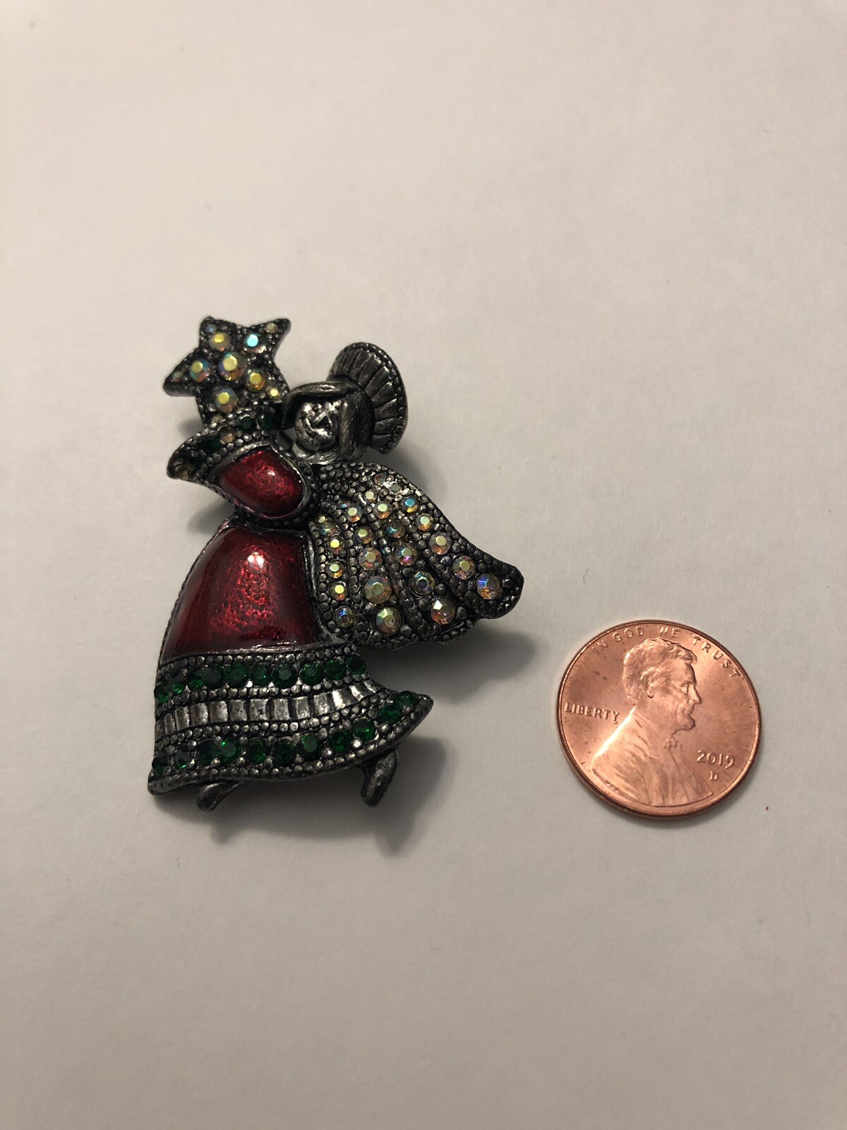 VTG TC PEWTER Christmas Angel W/Star Red Enamel RHINESTONE PIN Auction Finds 702