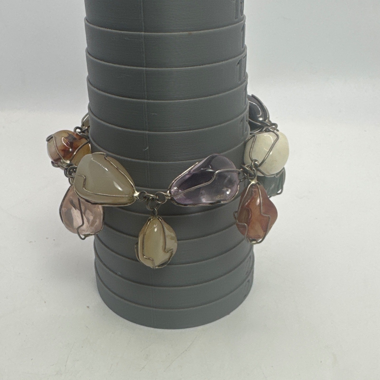 Vintage Wire Wrapped Tumbled Gemstone Charm Bracelet Multi Color Boho 7.25 In