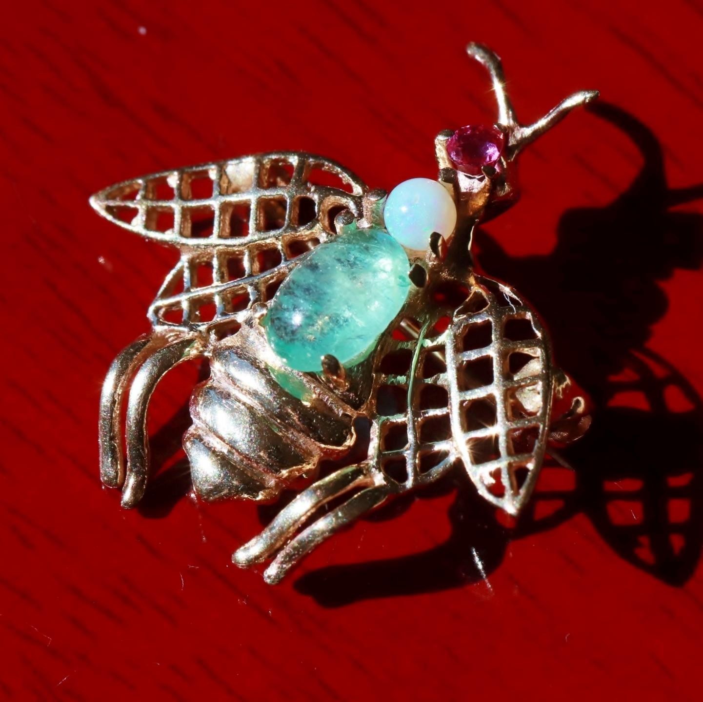 14k yellow gold brooch 0.90ct natural multi gemstone 0.97″ bee pin 2.24gr N3140