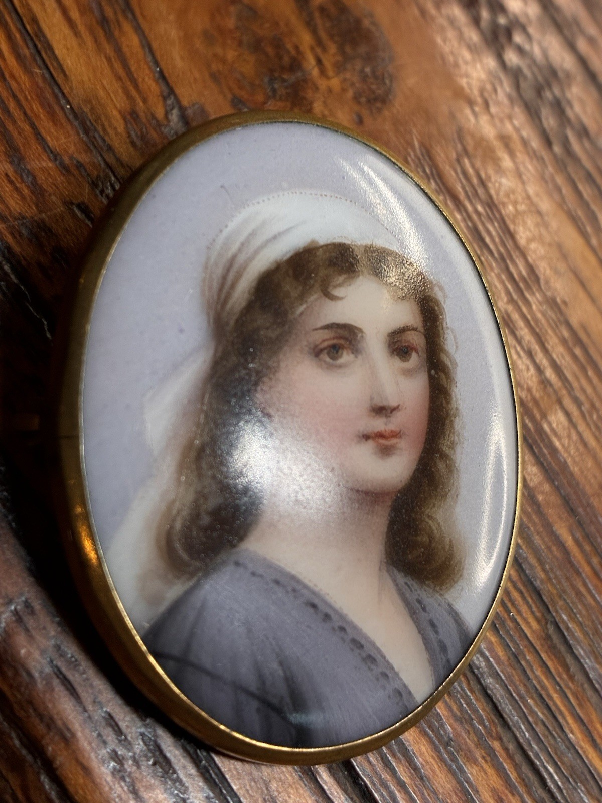 Antique Hand Painted Portrait Brooch w/ C Clasp Gold Tone porcelain Back stamped