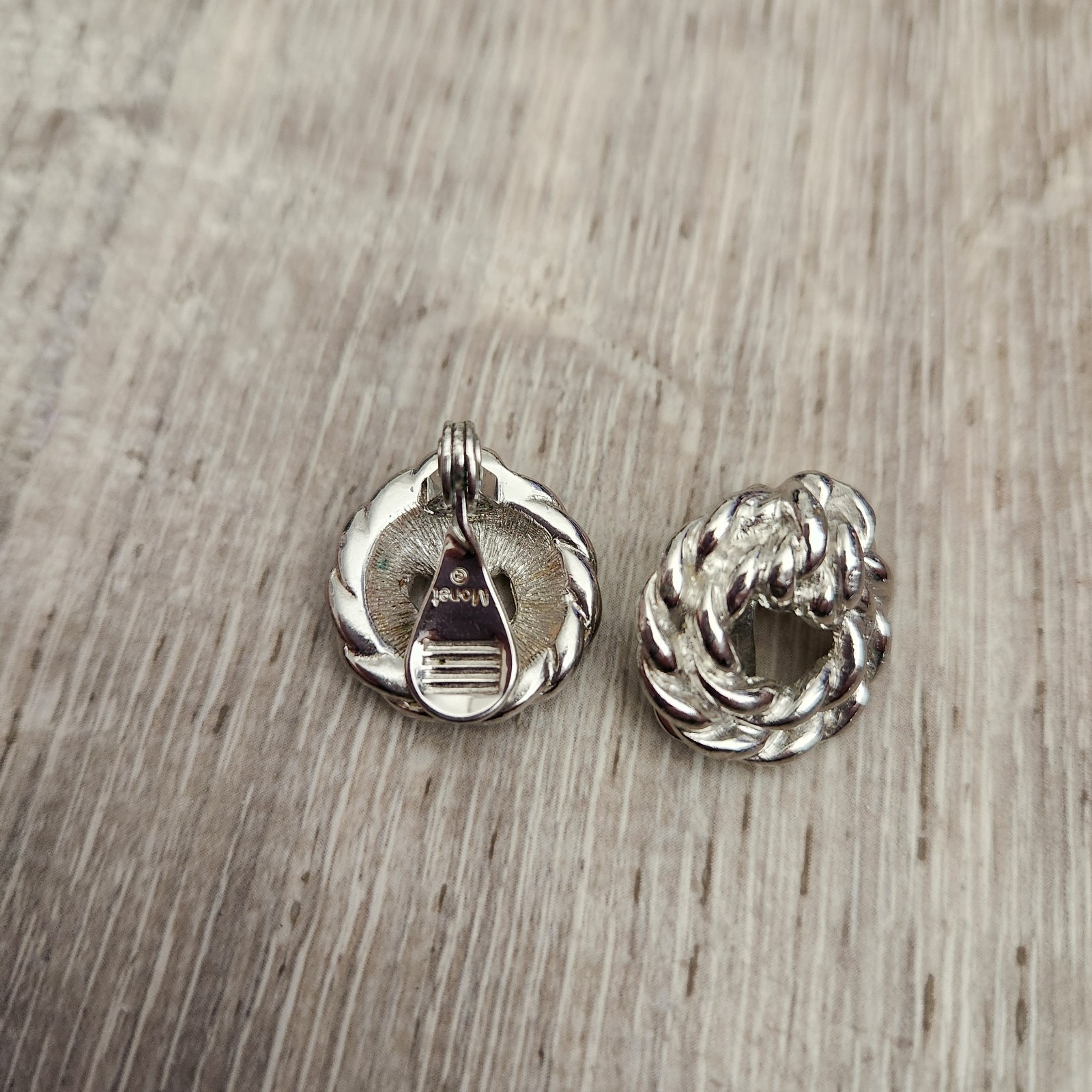 Vintage Monet Silver Tone Knotted Rope Clip-on Earrings Round Wreath