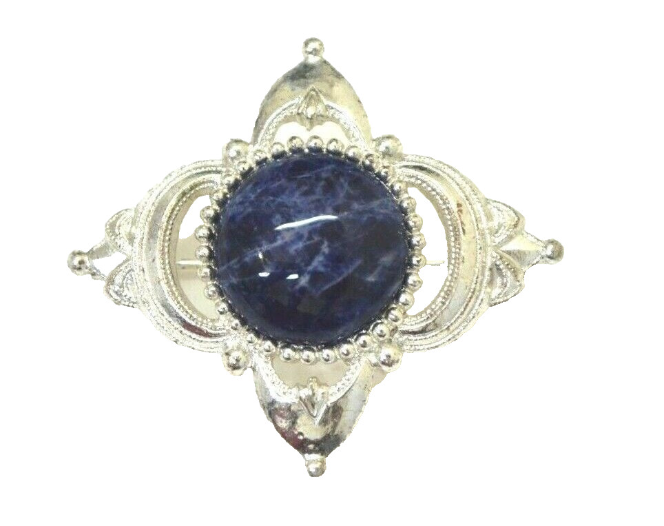Marbleized Brooch Pin Violet Royal Blue Centerpiece Silver Tone Lapel Hat Bag