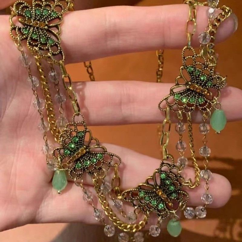 Vintage Butterfly Choker Necklace Gold Tone Crystal Beaded Women Jewelry Gift