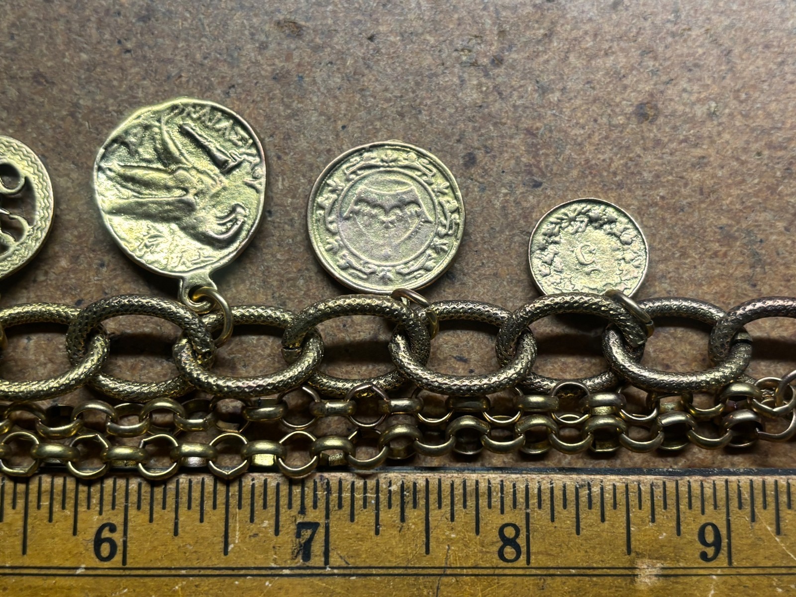 Vintage YOCHI NY Multi Chain Link GREEN ROMAN BRITISH SWISS GOLD COIN Bracelet