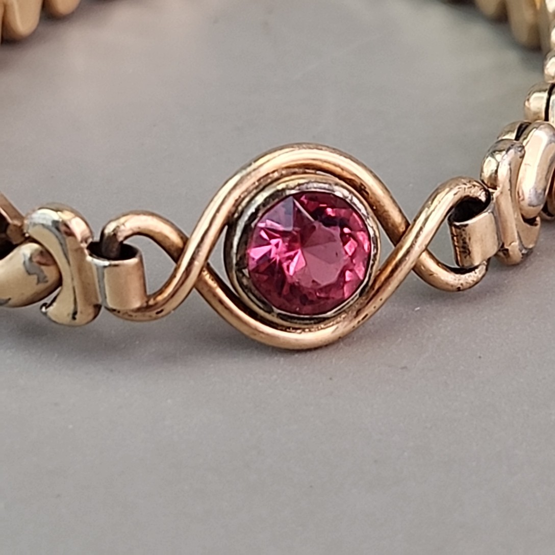 Vintage Sweetheart Expandable Bracelet 12K Gold Filled Pink Rhinestone